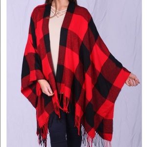 Boutique Red & Black Buffalo Plaid Poncho Sweater